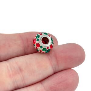 Sterling Silver 925 Red Green Crystal Pave Holiday Charm Bead